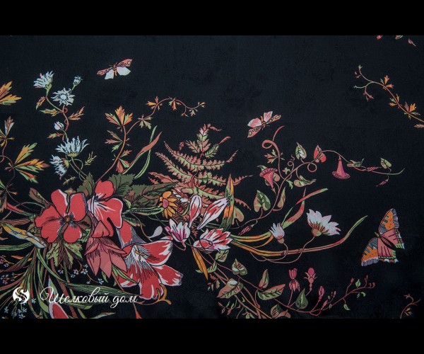 Жаккардовый Шёлк сатин с цветочным принтом и бабочками 